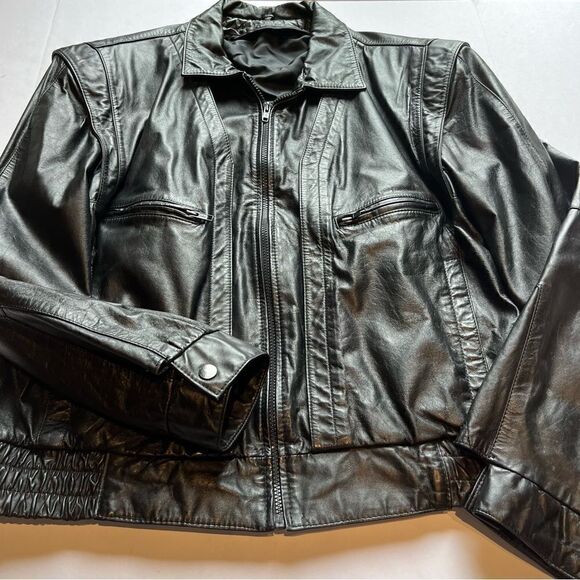 Men's Black Leather Jacket Waist Length Size 44 Bomber - Picture 4 of 12